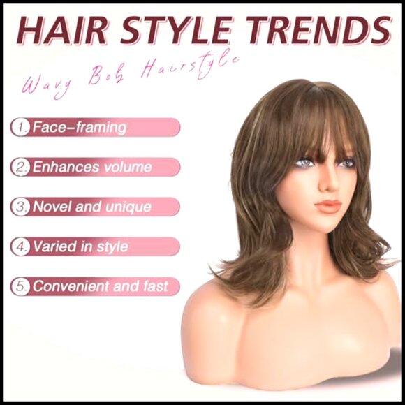 Synthetic Bob Wig with Bangs Wavy Layered Shoulder Length Heat Resistant main image 6